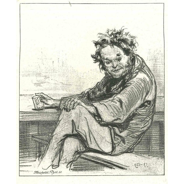 A Drunk Man is an original lithograph artwork on ivory-colored paper, realized by the French draftsman Paul Gavarni...