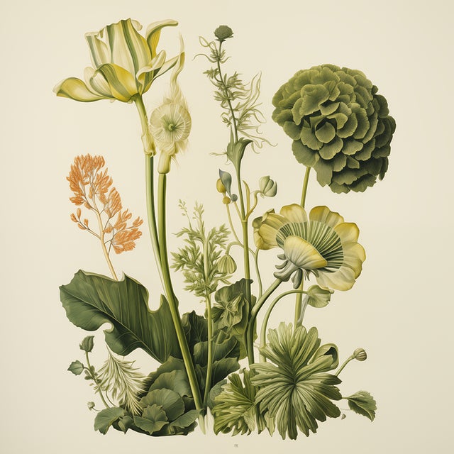 This fine art print reproduces a beautifully detailed 19th-century botanical illustration depicting an elegant arrangement...