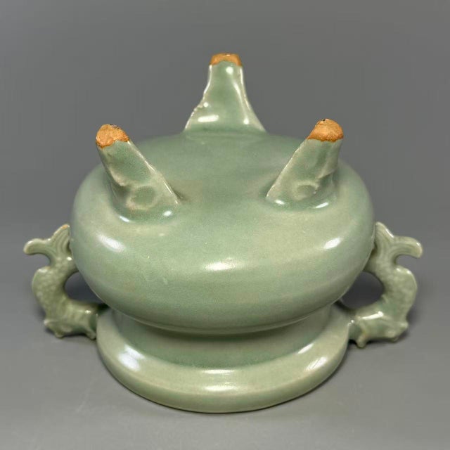 Ceramic Vintage Chinese Longquan Celadon Porcelain Incense Burner | One of a Kind, Dragon‑Shaped Handles For Sale - Image 7 of 7