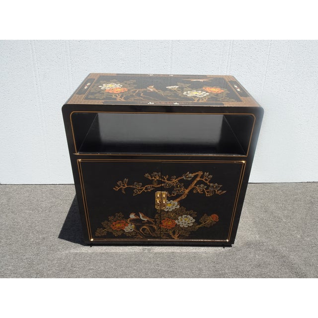Chinoiserie Vintage Chinese Asian Chinoiserie Floral Cabinet ~ Black Lacquered Side Table For Sale - Image 3 of 15