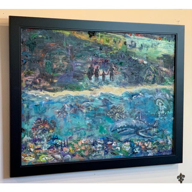 New, oil painting, 'Beach Love', 31"x25"x2", framed in black wood frame, wired on back ready to hang. Van Ness Artist...