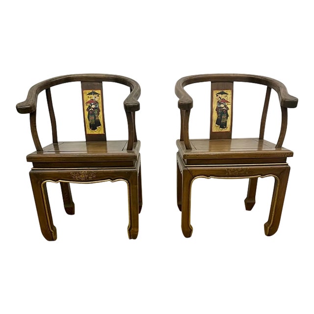Chinoiserie Ming Style Chinese Horseshoe Back Armchairs With Hand-Painted Backs - a Pair For Sale