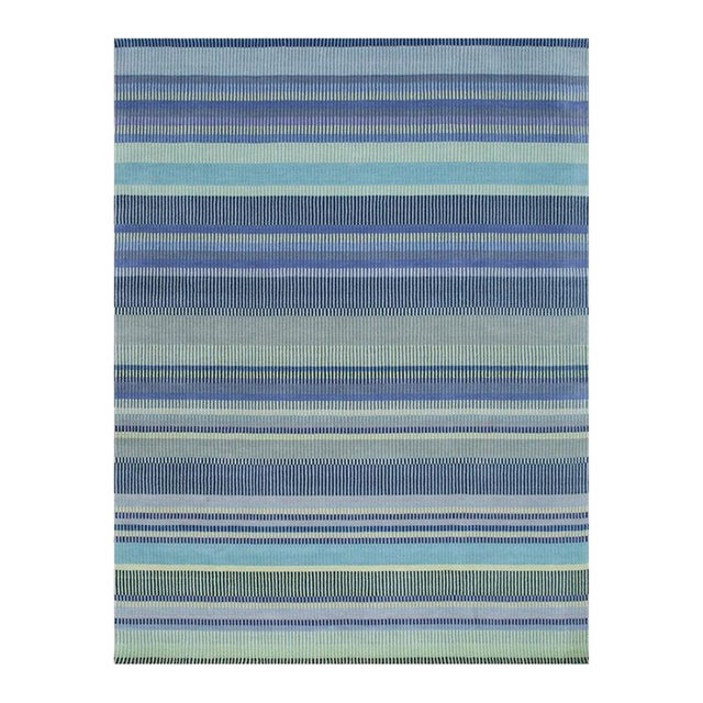 10x14 Blue Hand-Knotted Wool Striated Bands Geometric Modern Carpet Rug For Sale
