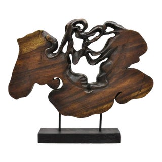 Modern Organic Abstract Carved Teak Wood Large Modernist Table Art Sculpture For Sale