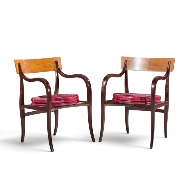 Edward Wormley for Dunbar Alexandria Mid Century Walnut Armchairs - Pair Each chair measures: 24.25 wide x 22 deep x 33...