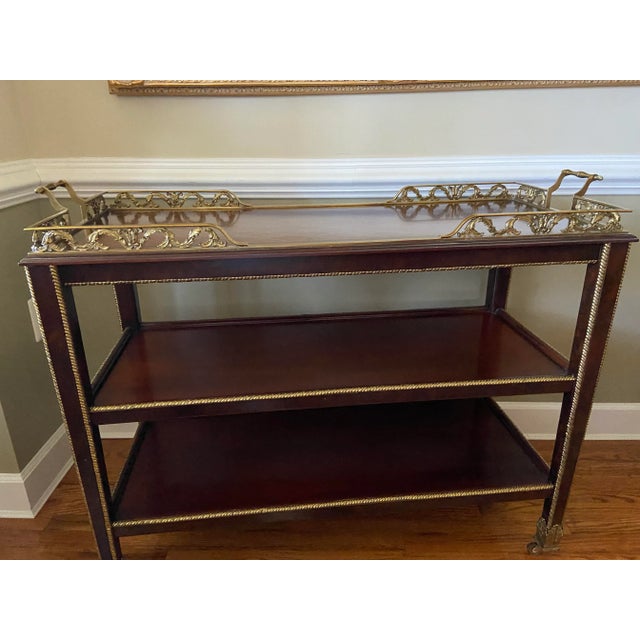 Traditional 1980s Inlay Serving Cart With Intricate Brass Tooling Accents For Sale - Image 3 of 12