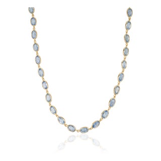 Natural 29.28ct Blue Sapphire Oval Bezel-Set Link Necklace in 14k Yellow Gold For Sale