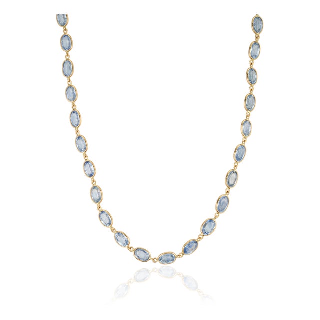 Natural 29.28ct Blue Sapphire Oval Bezel-Set Link Necklace in 14k Yellow Gold For Sale
