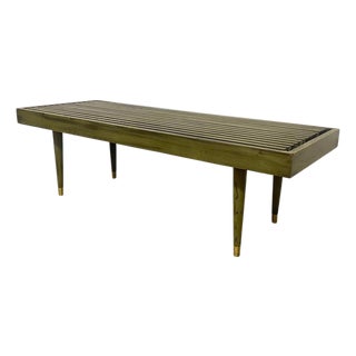 Vintage Mid Century Modern Slatted Wood Bench With Tapered Legs and Brass-Toned Caps For Sale