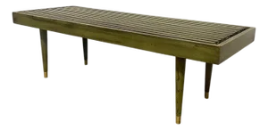 Vintage Mid Century Modern Slatted Wood Bench With Tapered Legs and Brass-Toned Caps