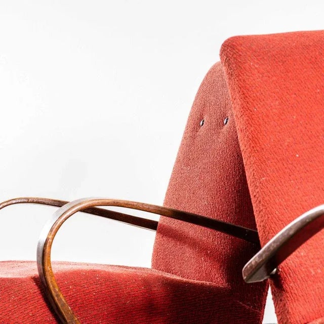 Armchair in Tomato Geometric Check Bouclé Fabric Arrmchair with Sprung Seat by Jaroslav Šmídek, 1950s For Sale - Image 4 of 10