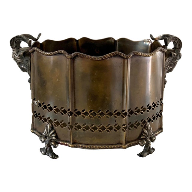 Neoclassical Brass Cachepot Planter With Ram's Heads For Sale