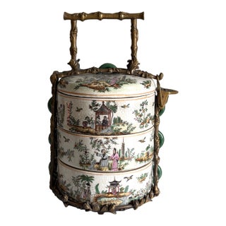 Vintage Chinoiserie Famille Rose Crackled Ceramic Stacking Lunch Box 12"x6.25" For Sale