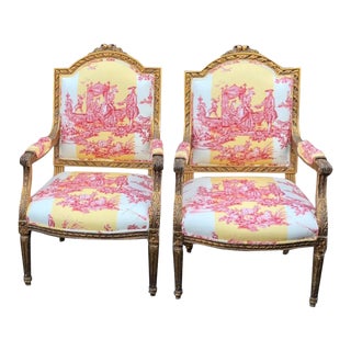 Pair of Antique Louis XVI Style Bergere Arm Chairs W Brunschwig & Fils Toile For Sale