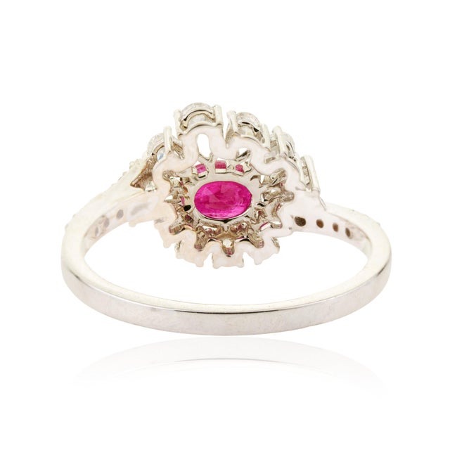 18k Gold Mozambique Natural Ruby & Diamond Floral Halo Cocktail Ring Size 8 For Sale - Image 10 of 16