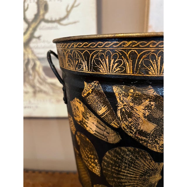 Mid 20th Century Vintage English Planter Jardiniere Urn Shell Decoupage Black Tole Coastal Décor For Sale - Image 5 of 17
