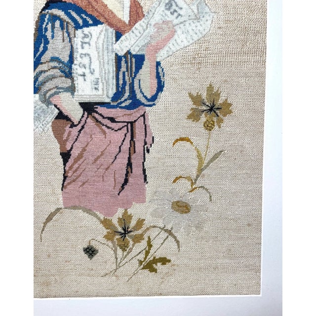 Brown Antique 1800's Victorian Hand Embroidered Boy Smoking Needlepoint Portrait Art For Sale - Image 8 of 10