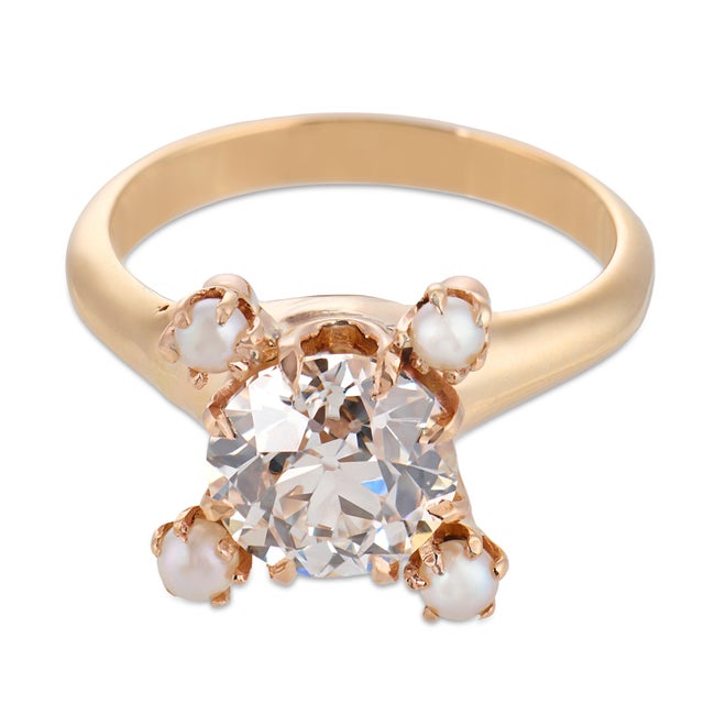 Victorian 1900-1909 Victorian Gia 1.56 Carat Old European Cut Diamond Seed Pearl 18k Gold Ring, Size 4 For Sale - Image 3 of 5