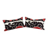 Arhaus Red Uzbek Samarkand Suzanni Cotton Lumbar Pillows in Red and Black - 2 Pieces For Sale