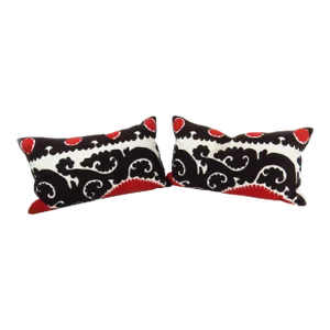 Arhaus Red Uzbek Samarkand Suzanni Cotton Lumbar Pillows in Red and Black - 2 Pieces