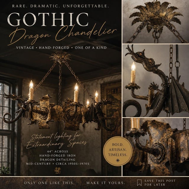 Metal Vintage Gothic Revival Dragon Chandelier | Hand-Forged Iron Fantasy Lighting | 44” Diameter For Sale - Image 7 of 7