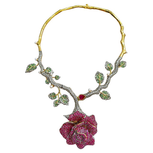Bochic "Orient" Vintage Ruby & Multi Gem Flower Necklace Set In 18K Gold & Silver For Sale - Image 15 of 18