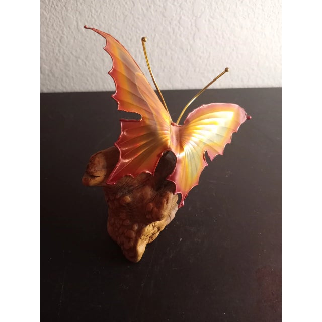 Wood Brutalist Brass Butterfly on Driftwood Base Sculpture For Sale - Image 7 of 8