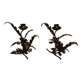 Vintage Gold Metal Sculptured Leaf Design Candle Holders - a Pair For Sale