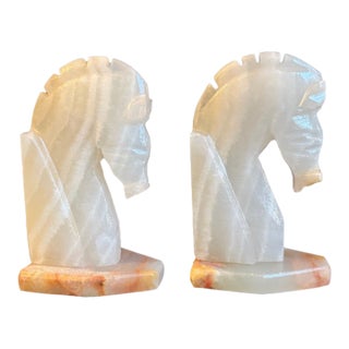 Pair of Vintage White Onyx Stone Horse Bookends For Sale
