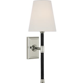 Chapman & Myers for Visual Comfort Signature Basden 16" Tail Sconce in Polished Nickel and Black Rattan with Linen Shade For Sale