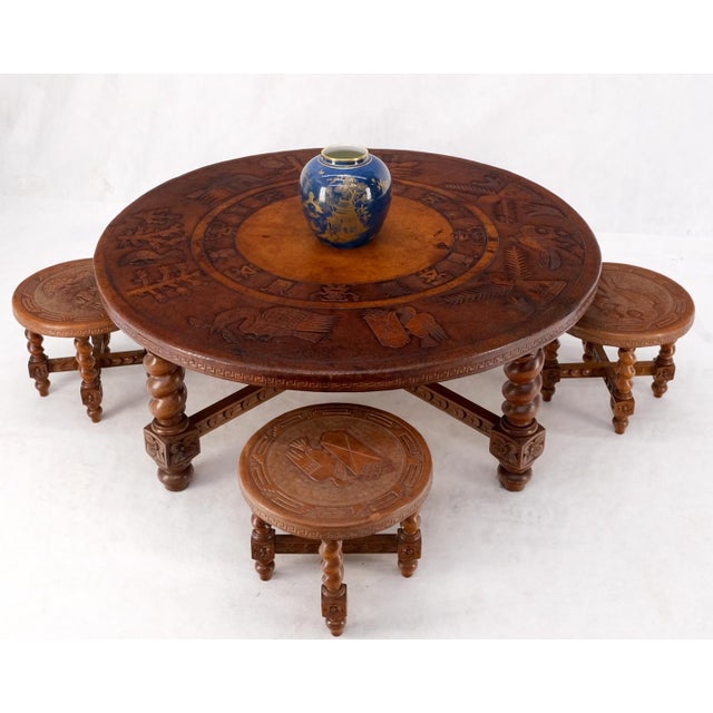 Mid century Embossed Leather South American coffee table 4 nesting stools chairs. A rare and exceptional quality thick...