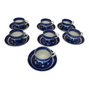 Vintage Allerton Blue Willow Demitasse Tea Coffee Cup and Saucers Set- 14 Pieces