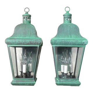 Pair of Vintage Colonial Solid Brass Wall Lanterns. 20”h X 8”.5w X 12”d For Sale