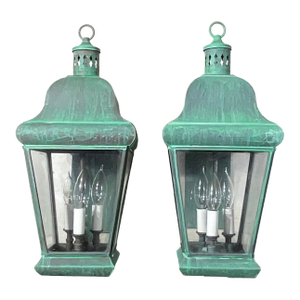 Pair of Vintage Colonial Solid Brass Wall Lanterns. 20”h X 8”.5w X 12”d