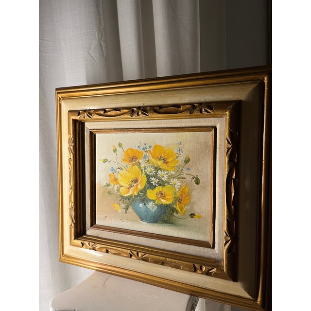 Mid-Century Modern Vintage Mid Century Yellow Flowers Oil Painting Still Life For Sale - Image 3 of 3