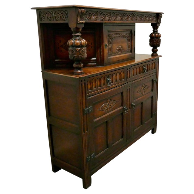 19th Century Arts & Crafts Gothic Carved Oak Court Cupboard, 1900s For Sale