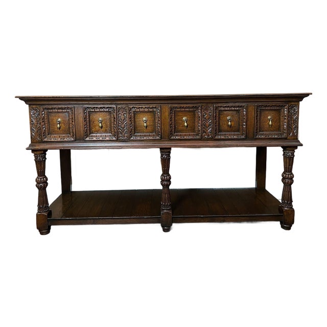 Antique English Dresser Base Sideboard Potboard Jacobean Carved Oak C1890 For Sale