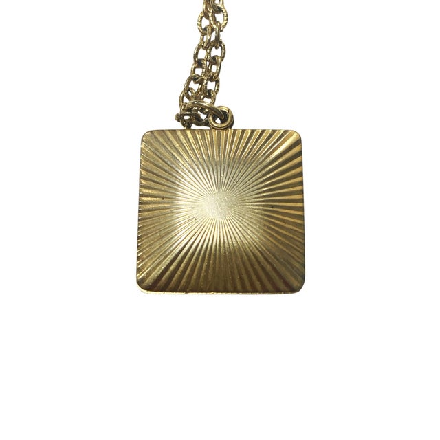 1950s #88 Vintage Gold Tone Square Pendant and Chain With Flower For Sale - Image 5 of 7