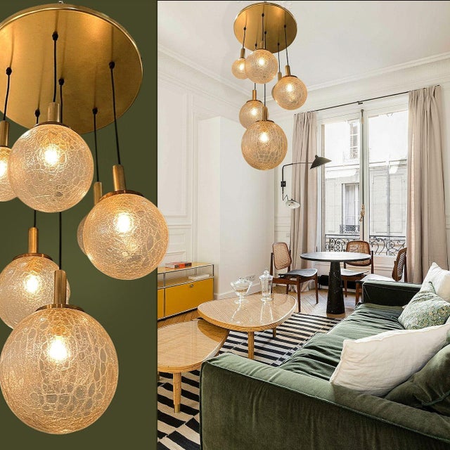 Mid century modern Murano glass and brass pendant chandelier, Italy 1970s. The flush mount chandelier is made of a brass...