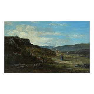 Henri Chevallier, Paysage d'alpage animé avec personnages, Oil on Wood, Framed For Sale