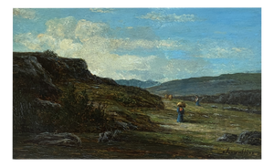 Henri Chevallier, Paysage d'alpage animé avec personnages, Oil on Wood, Framed