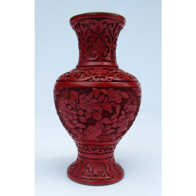 Vintage C.1950's Chinese Asian Carved Cinnabar With Interior Blue Enamel Vase For Sale - Image 13 of 13