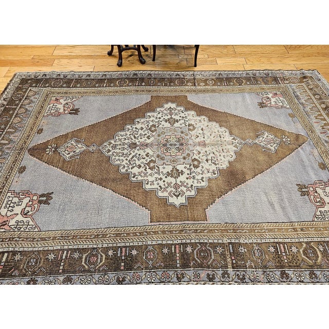 Early 20th Century Vintage Turkish Oushak Rug, Hand-Knotted, Geometric Design, Pale Blue, 7' x 10' For Sale - Image 5 of 16
