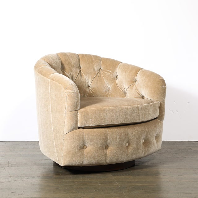 Pair of Mid-Century Biscuit Tufted Mohair Swivel Chairs Signed Milo Baughman For Sale - Image 9 of 12