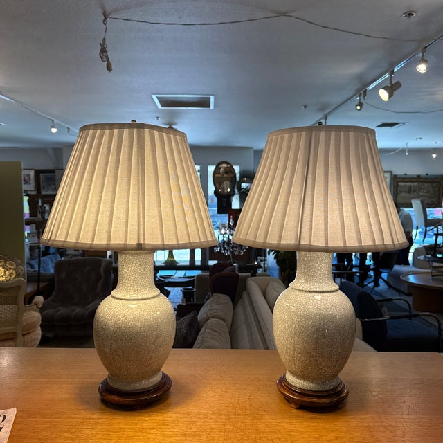 Design Plus Gallery presents a Pair of Crackle Glazed Table Lamps in Antique Style. They have a distinctive crackle glaze...