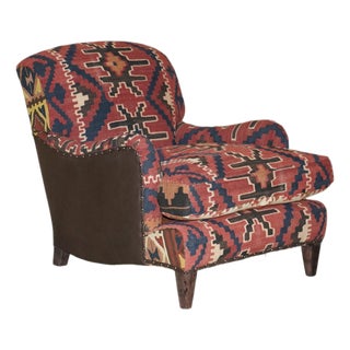 Kilim and Dark Brown Leather Howard Lounge Chair from George Smith of Chelsea For Sale