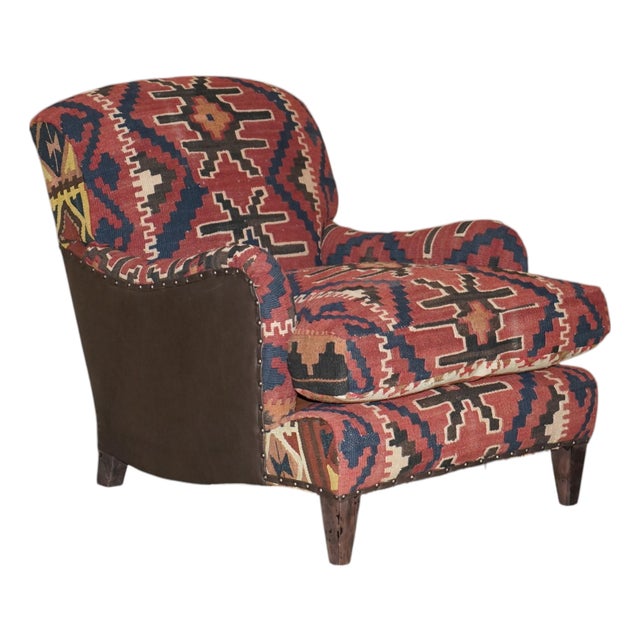 Kilim and Dark Brown Leather Howard Lounge Chair from George Smith of Chelsea For Sale