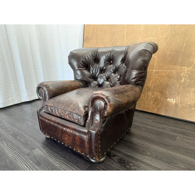 Rh Churchill Leather Chair With Nailheads Vintage Ebony Leather | Down-Feather Fill | Classic Depth For Sale - Image 16 of 18