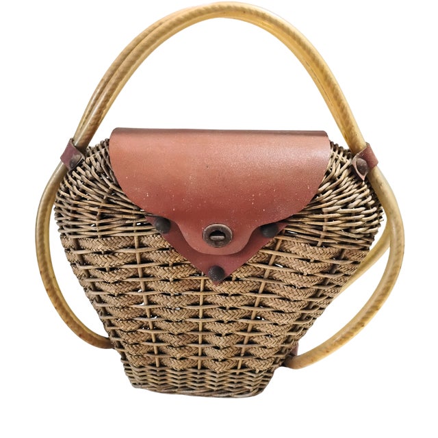 Ooak Mid-Century 1960s Woven Wicker Creel Basket With Leather Flap Tubular Handles For Sale - Image 17 of 17