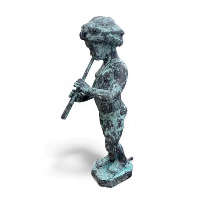 English Vintage-Style Bronze Boy Playing Flute Fountain With Verdigris Patina For Sale - Image 3 of 9